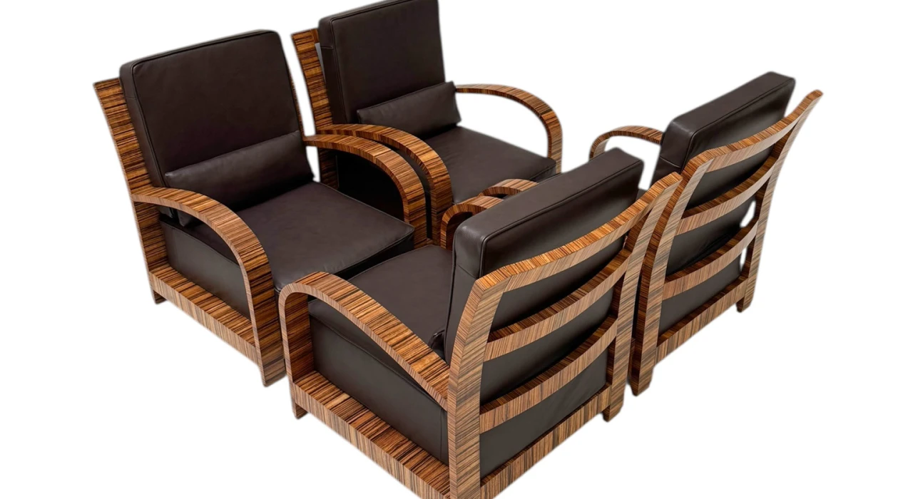 Four Art Deco Lounge Chairs with Leather Cushions France, 1930s